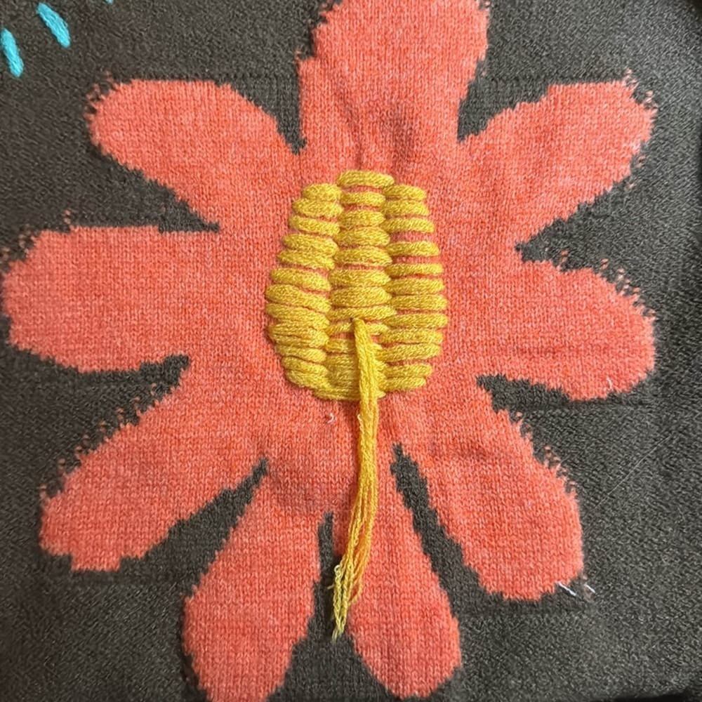 POL Balloon Sleeve Oversized Acrylic Sweater Fringe Detail Floral Pattern Small - Picture 7 of 12